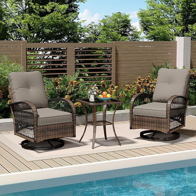 MELLCOM 3 Pieces Patio Furniture Set, Outdoor Swivel Rocker Patio Chairs, Wicker Patio Bistro Set with Rocking Chair, Thickened Cushions and Glass Coffee Table for Backyard, Garden, Grey