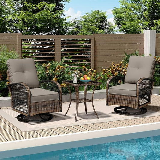 MELLCOM 3 Pieces Patio Furniture Set, Outdoor Swivel Rocker Patio Chairs, Wicker Patio Bistro Set with Rocking Chair, Thickened Cushions and Glass Coffee Table for Backyard, Garden, Grey