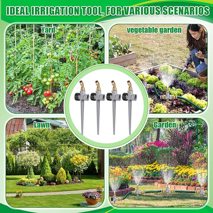 Tioncy 4 Pack Metal Lawn Sprinkler with Brass Nozzle, Heavy Duty Garden Spike Sprinkler Automatic Irrigation Tool for Lawn Garden Yard Greenhouse(Single Nozzle,Silver)