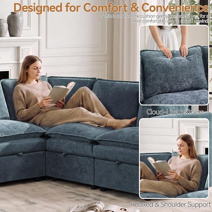 130" Oversized U-Shape Storage Sofa Modular Couch with 2 Ottomans,Blue
