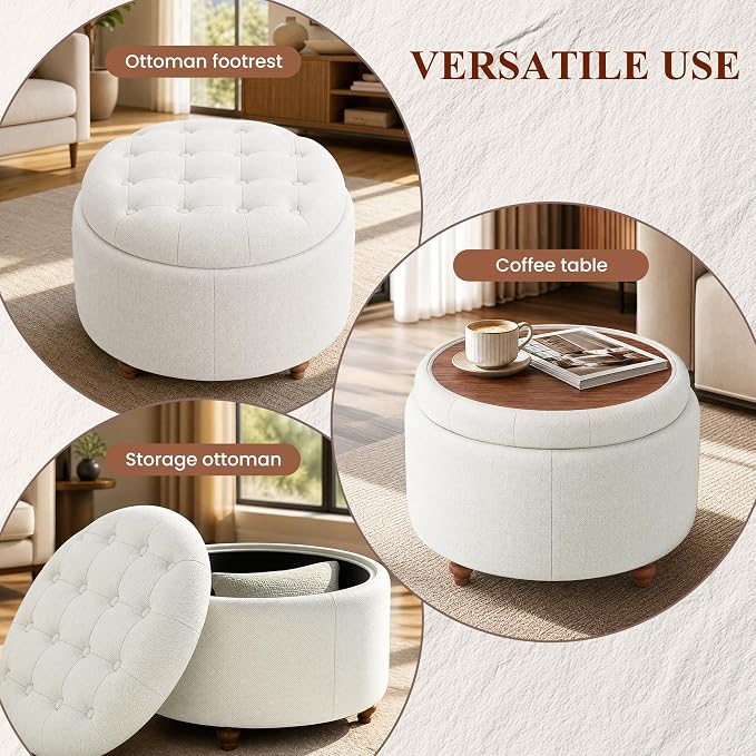 25" Round Ottoman with Storage, Small Coffee Table with Reversible Tray Lid | Tufted Fabric Round Storage Ottoman with Solid Wood Legs, 3-in-1 Footrest for Living Room, Bedroom, Entryway, Beige