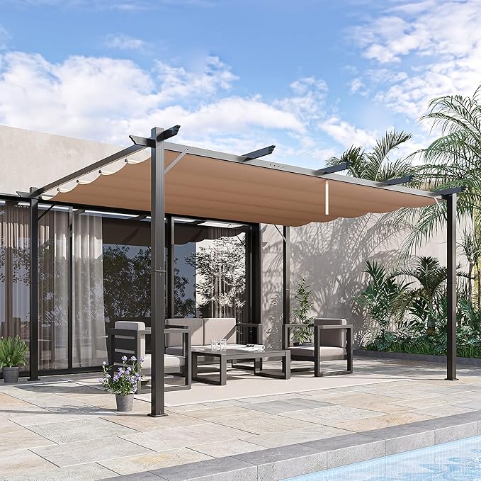 Outsunny 10' x 13' Aluminum Patio Pergola with Retractable Pergola Canopy, Backyard Shade Shelter for Porch, Outdoor Party, Garden, Grill Gazebo, Charcoal Gray