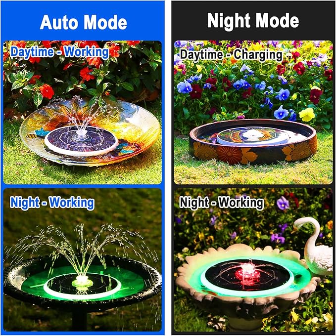 AISITIN 6.5W Solar Bird Bath Fountain with 3000mAh Battery & Color Changing LED Lights & 4 Anti-Drift Fixing Rod & 8 Nozzles, Upgraded Solar Fountain for Bird Bath, Garden, Backyard, Pond, Fish Pond