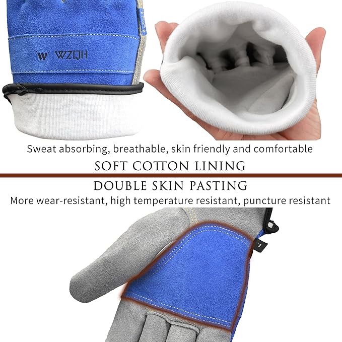 WZQH Leather Work Gloves for Men or Women. Large Glove for Gardening, Tig/Mig Welding, Construction, Chainsaw, Farm, Ranch, etc. Cowhide, Cotton Lined, Utility, Firm Grip, Durable. Blue-Grey L