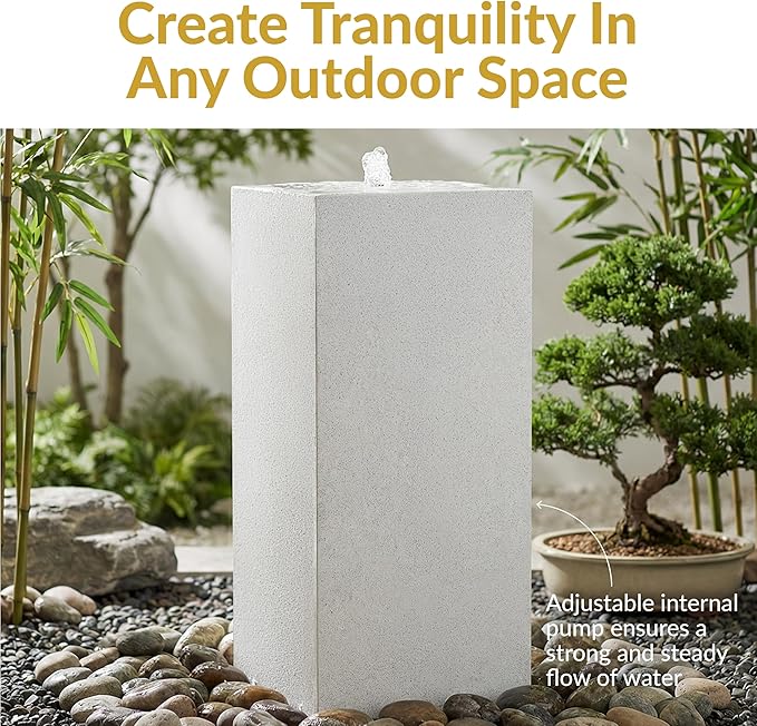 Sunnydaze Outdoor Water Fountain with LED Light - Modern Rectangle Bubbler Water Feature with Pump - 29.5" H - for Patio, Garden, Deck, Relaxation and Stress Relief - Fog