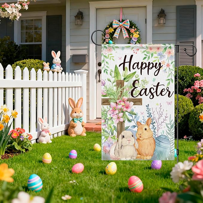 OHOME Easter Decorations - Happy Easter Garden Flag | Easter Party Decorations for Indoor Outdoor Outside - Easter Garland Banner for Front Door | Easter Backdrop Wreath for Window Wall - Easter Decor