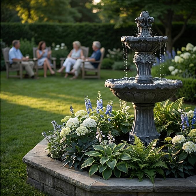 50-Inch Outdoor Water Fountain, 2-Tier Large Italian Cascading Resin Waterfall Fountain, Classic European Pedestal, Floor-Standing Water Feature for Garden, Patio, Backyard, Deck, Lawn in Gray