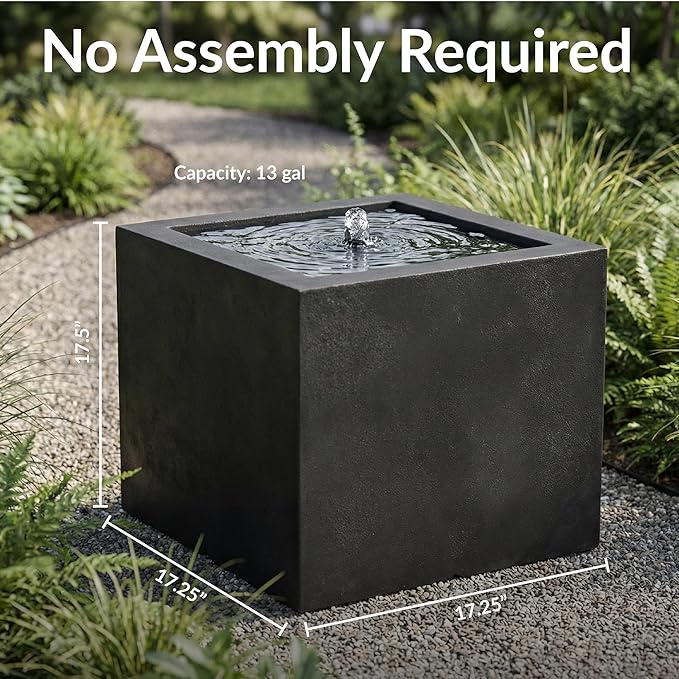 Sunnydaze Outdoor Water Fountain with LED Light - Modern Square Bubbler Water Feature with Pump - 17.5" H - for Patio, Garden, Deck, Relaxation and Stress Relief - Black