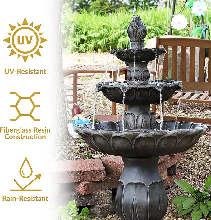 Sunnydaze Classic Tulip 46" Tiered Outdoor Water Fountain - 3-Tiered Outdoor Fountain for Garden, Patio, or Backyard - Dark Brown