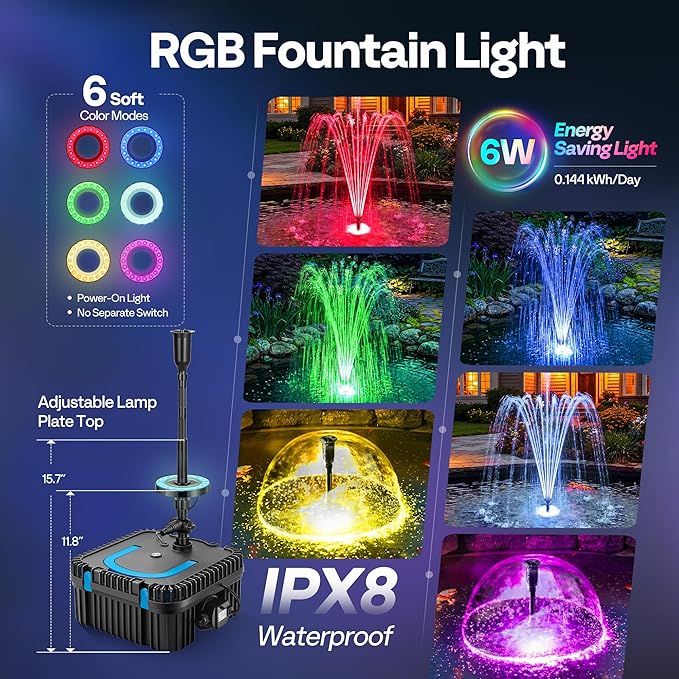 VIVOHOME 690GPH RGB Pond Filter Fountain with 6W LED Lights, 40W Submersible Water Pump with Multi-Stage Filtration for Koi Ponds, Waterfalls, Outdoor Water Features