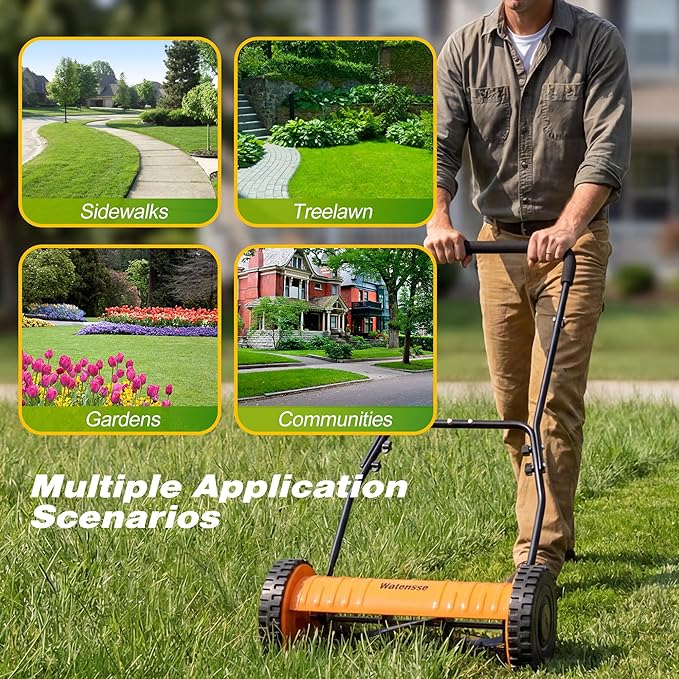 Walensee Push Reel Lawn Mower, 16-Inch 5-Blade Cordless Manual Reel Lawn Mower, Walk-Behind Steel Lawn Mower with 4-Position Cutting Height Adjustment & Sponge Grip