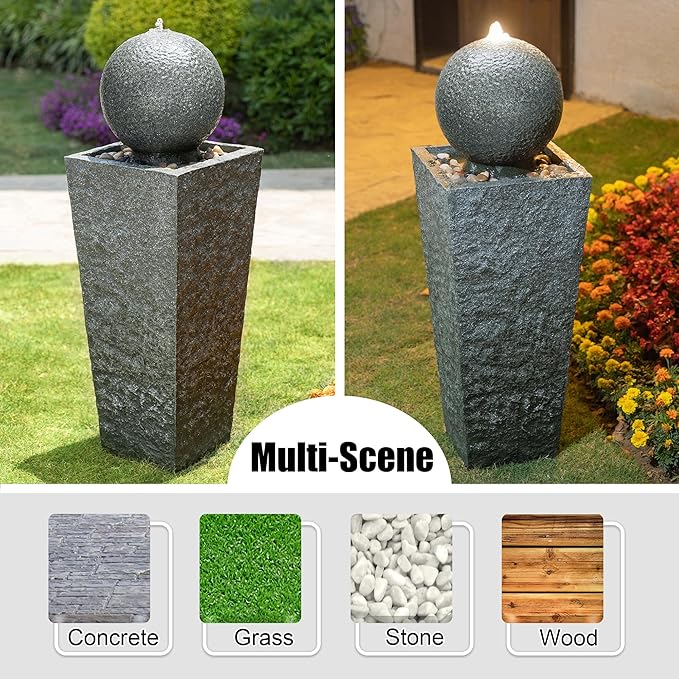 Glitzhome Outdoor Water Fountain, Outdoor Fountain with Pebbles, Pump and LED Light, 40.25" H Modern Geometric Pedestal and Sphere Polyresin Waterfall Fountain for Patio, Backyard, Garden, Deck Decor