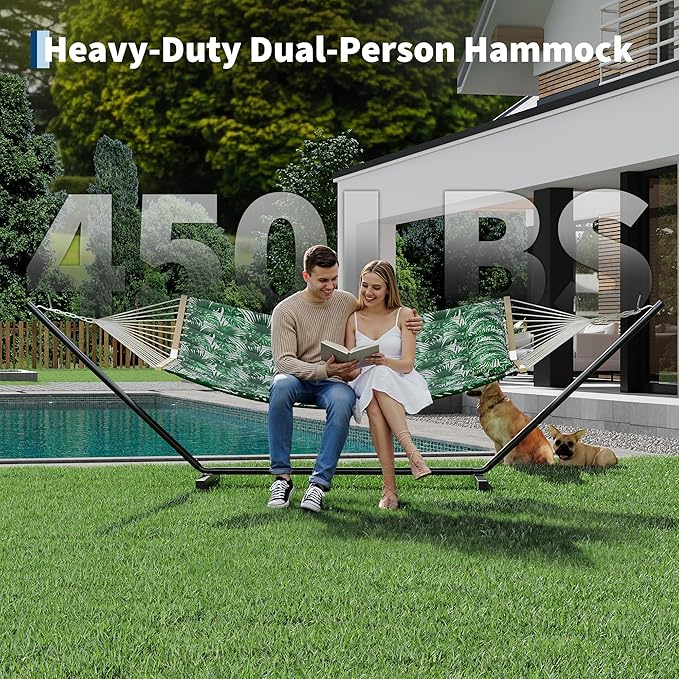 Garvee 2 Person Outdoor Hammock with Stand, Heavy Duty Portable Double Hammock with Balance Rope, MAX 450 LBS Capacity for Patio, Backyard, Garden, Beach