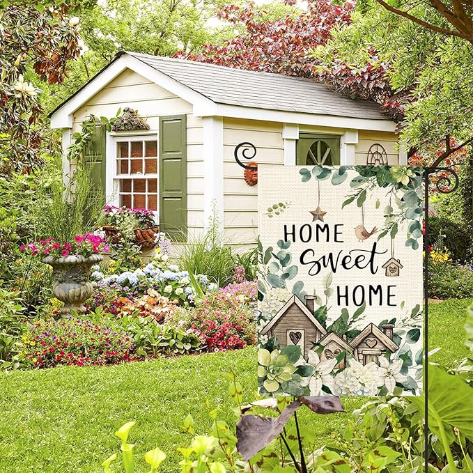 AVOIN colorlife Home Sweet Home Birdhouse Spring Floral Garden Flag 12x18 Inch Double Sided Outside, Eucalyptus Flowers Seasonal Yard Outdoor Flag