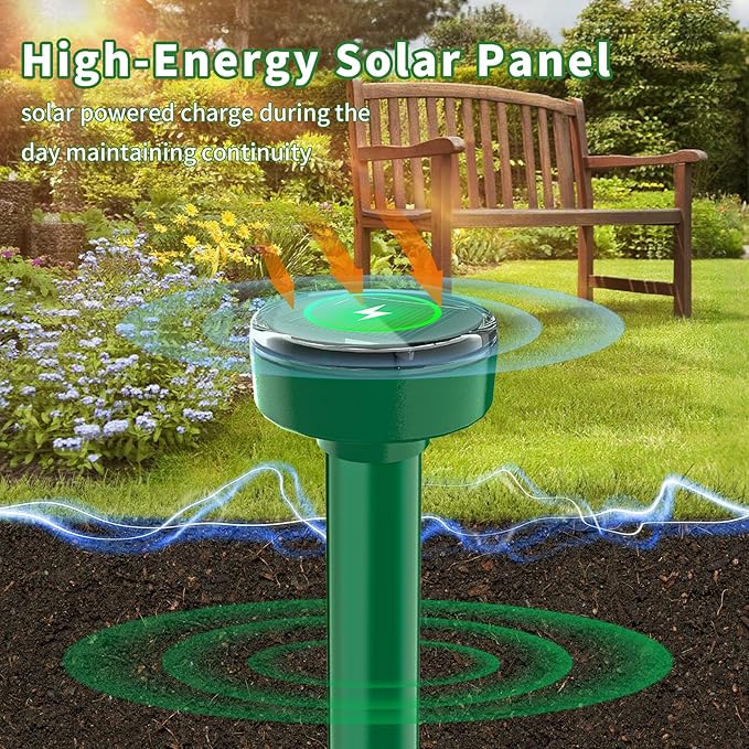 Mole Repellent Solar Powered Ultrasonic Gopher Repellent Outdoor, Sonic Mole Deterrent Spikes, Snake Repellent for Yard, Get Rid of Burrowing Rodents Chipmunks Voles Groundhogs Lawn Garden,8 Pack