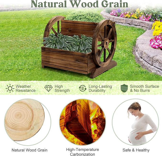 OIPRTGFJ 2PCS Wooden Wagon Planter Box, Garden Planter with Wheels,Decorative for Flowers Herbs Vegetables for Indoor & Outdoor Decor,Wooden Flower Cart for Patio Garden Balcony