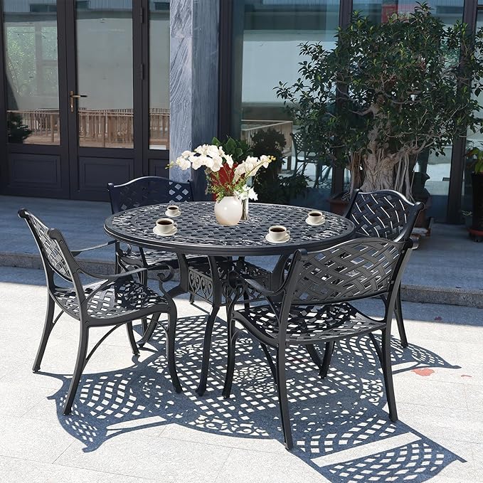 48" Cast Aluminum Outdoor Dining Table,Dining Conversation Side Table, Patio Bistro Table with 2.36" Umbrella Hole for Backyard, Garden, Patio, Porch
