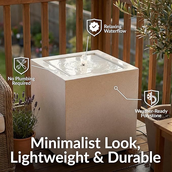 Sunnydaze Outdoor Water Fountain with LED Light - Modern Square Bubbler Water Feature with Pump - 17.5" H - for Patio, Garden, Deck, Relaxation and Stress Relief - Fog