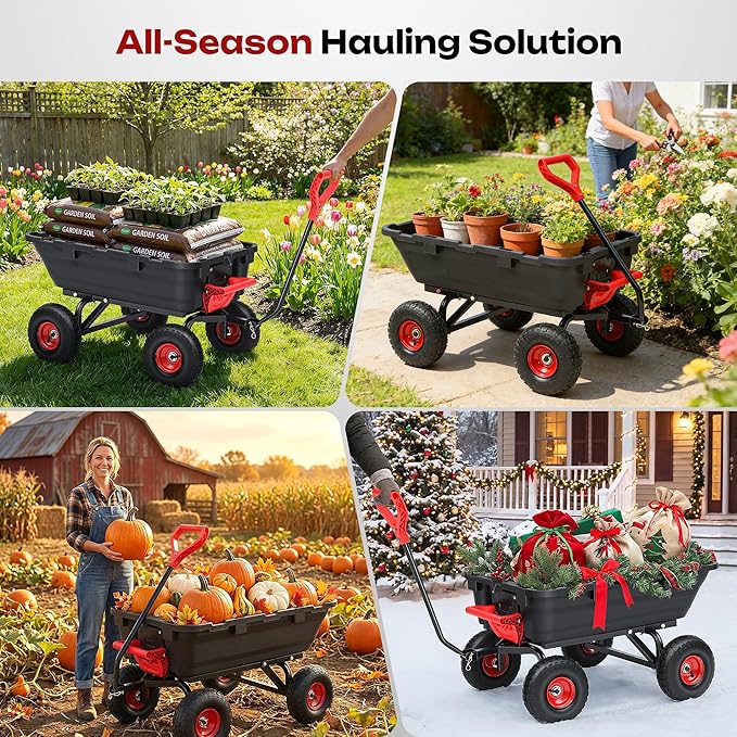 Autodaya 900LB Garden Dump Cart, 2026 Upgraded Heavy Duty Wheelbarrow Cart with 10" Non-Slip Pneumatic Tires & Quick-Release System, 4-Wheel Steel Frame Wagon for Transportation in Yard, Farm, Garden