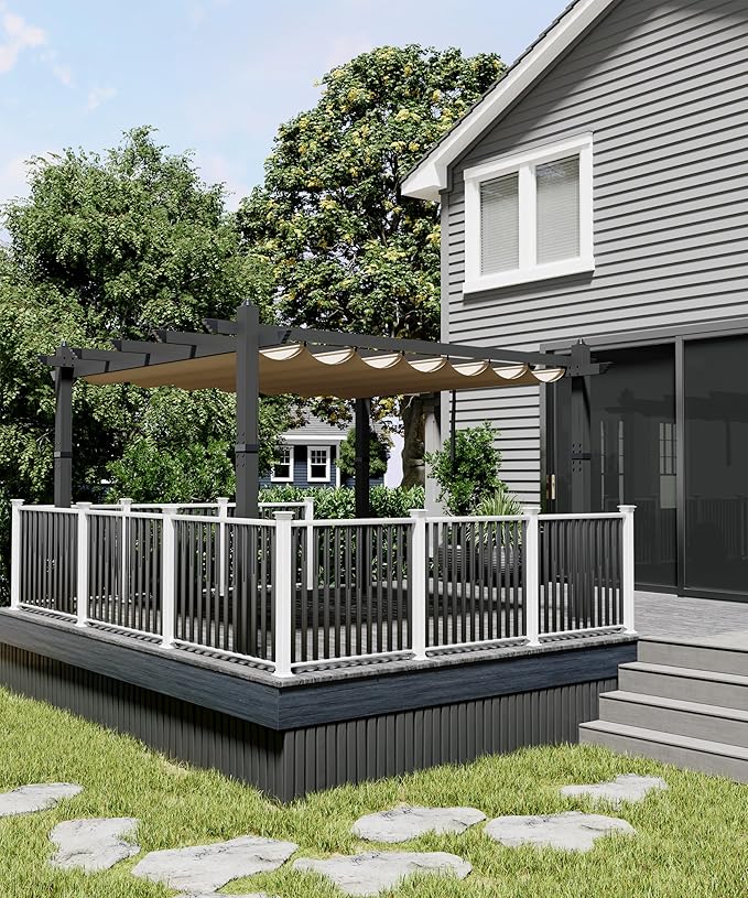 GarveeLife 10x13 ft Pergola Outdoor Metal Pergola with Adjustable Canopy Reinforced Frame Outdoor Shelter for Backyard Garden Deck - Khaki