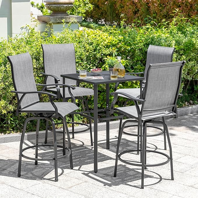 NUU GARDEN 5 Piece Patio Swivel Bar Set, All-Weather Textilene High Bistro Stools, Square Bar Table with Slatted Tabletop and Umbrella Hole for Sunroom, Backyard and Balcony