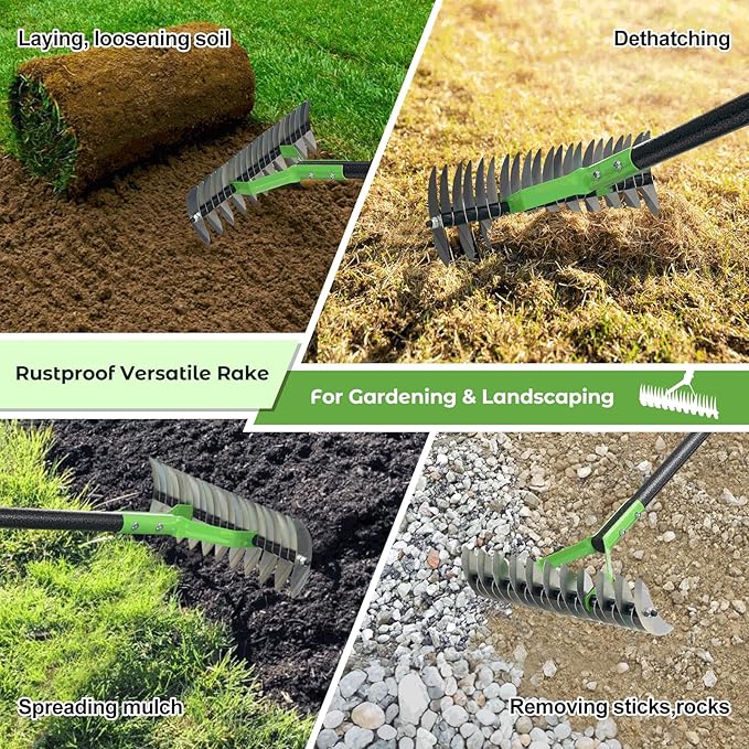 Thatch Rake, 51" Lawn Thatching Rake for Cleaning Dead Grass, 13 Inch Wide Heavy Duty 21 Teeth Steel Metal Rakes, Landscaping Raking Garden Tools for Lawn Care Loosening Leveling Soil Mulch