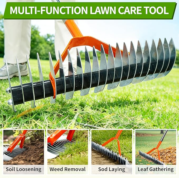 TCBWFY Thatch Rake for Lawn,15" Dethatcher Rake,Heavy-Duty Metal Thatching Rake,68" Adjustable Manual Dethatcher with 19 Tines,Dead Grass Remover Tool for Yards and Gardens