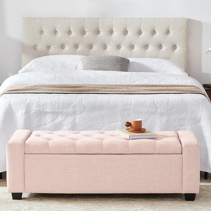 Huatean Home 48" Ottoman with Storage, Pink Storage Ottoman Bench | Upholstered Entryway Bench with Seating for Bedroom, Living Room, with Safety Hinge, Holds up to 330 lb