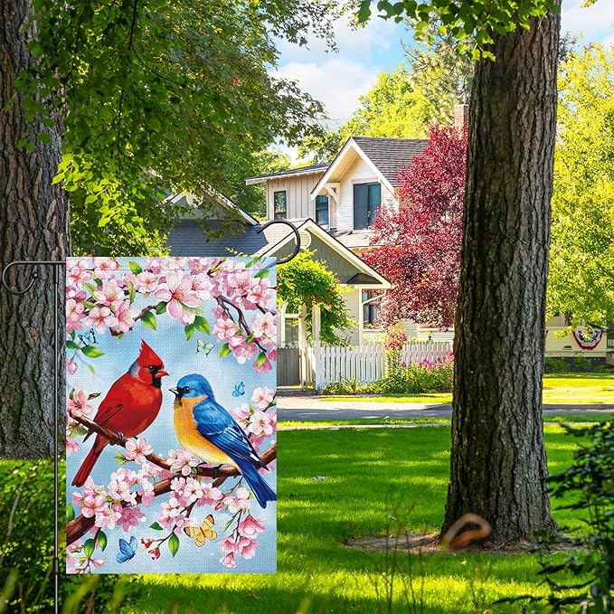 Heyfibro Spring Summer Cardinal Garden Flag 12x18 Double Sided Burlap, Bluebird & Cherry Blossom Flower Yard Banner for Rustic Seasonal Outdoor Decoration (ONLY FLAG)