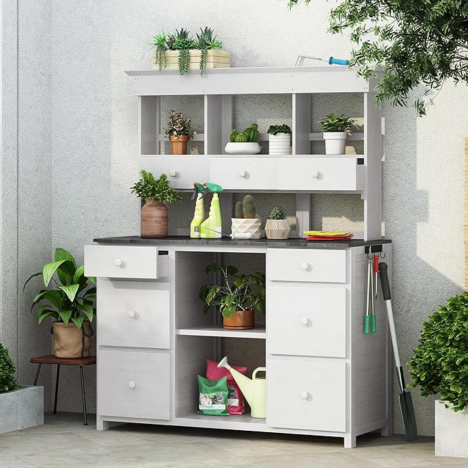Garden Potting Bench Table, Rustic and Sleek Design Wood Outdoor Garden Work Bench with Multiple Drawers and Shelves for Storage,Patio Workstation for Garden, Patio, and Backyard (White+Gray#018)