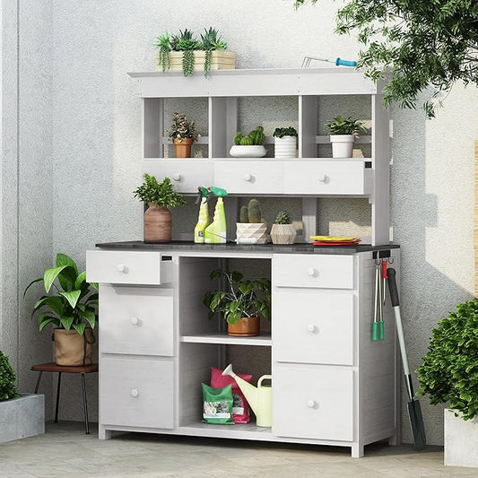 Garden Potting Bench Table, Rustic and Sleek Design Wood Outdoor Garden Work Bench with Multiple Drawers and Shelves for Storage,Patio Workstation for Garden, Patio, and Backyard (White+Gray#018)