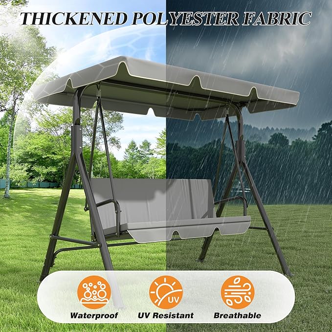 GARTOO 3-Seat Patio Swing Chair, Outdoor Porch Swing with Adjustable Canopy and Durable Steel Frame for Patio, Garden, Poolside(Grey)