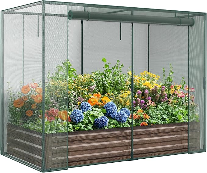 DoCred Crop Cage with Raised Garden Bed, 72.8" x 37.4" x 59" Plant Protection Tent Garden Cages with Window, 2 in 1 Galvanized Raised Garden Bed Kit and Mesh Cover for Garden, Yard, Lawn