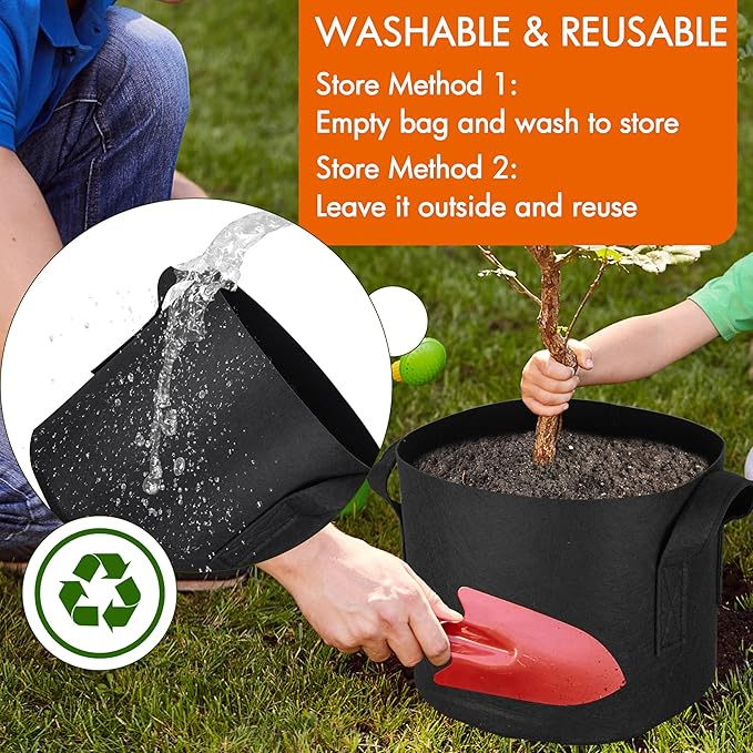 Gardzen 6-Pack 2 Gallon Grow Bags, 300G Thickened Nonwoven Fabric Pots with Handles, Heavy Duty Aeration Plant Bags for Gardening and Container Growing