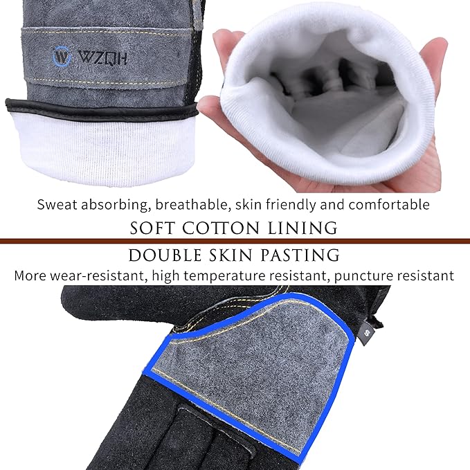 WZQH Leather Work Gloves for Men or Women. Small Glove for Gardening, Tig/Mig Welding, Construction, Chainsaw, Farm, Ranch, etc. Cowhide, Cotton Lined, Utility, Firm Grip, Durable. Grey-Black S