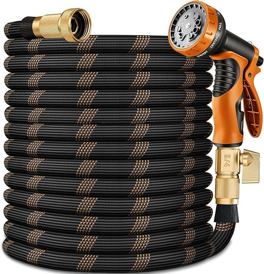 Flexible Garden Hose 100 FT, Ultra Lightweight Water Hoses w/10 Function Sprayer and 3/4" Brass Fittings, Kink-Free, Sturdy, Abrasion Resistant for Yard, Lawn, Outdoor and Gardening(Black Orange)