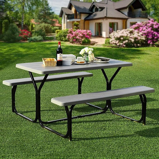 Hysache Picnic Table Bench Set, Patio All Weather Metal Base Camping Table Set w/Wood Texture Tabletop, Steel Frame, Large Camping Picnic Tables for Backyard Poolside Garden Patio Lawn (Grey)