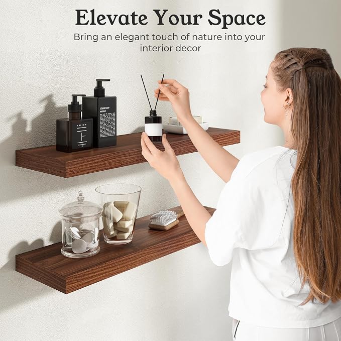 24" Walnut Floating Shelves Wood Wall Shelf, Walnut Color, Set of 2 | Wall Mounted Wood Shelves, For Bathroom, Bedroom, Living Room, Kitchen, Hanging Shelf for Books/Storage/Room Décor