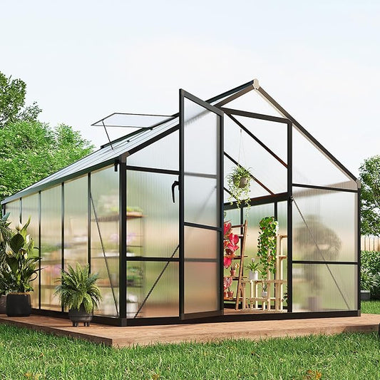 Garvee 8 x 10 ft Greenhouse, Greenhouses for Outside, Polycarbonate Greenhouse with Aluminum Frame, Lockable Door and Ajustable Roof Vent for Backyard, Green Houses for Outside Garden Backyard, Patio