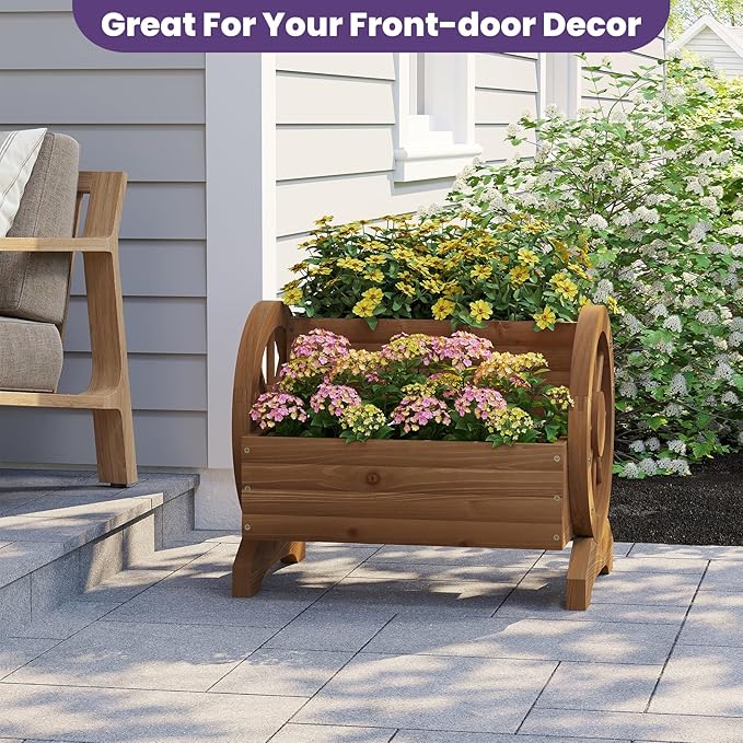 Wooden Wagon Planter Box, Standing Garden Planter, Decorative Outdoor Container,Coffee