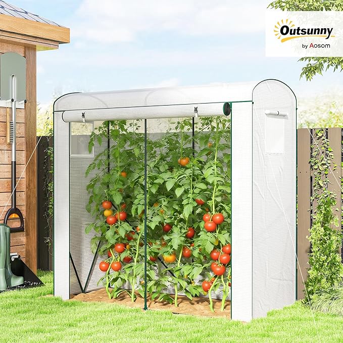 Outsunny Mini Greenhouse, Portable Greenhouse with Roll-Up Door and 2 Mesh Windows, Small Green House with PE Cover for Garden Patio Lawn, 78.7" x 29.5" x 74", White