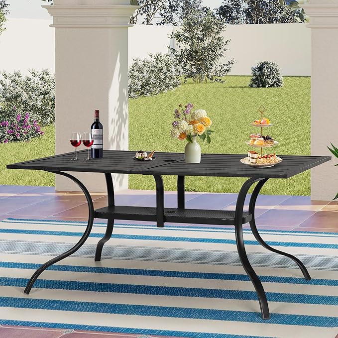 Patio Dining Table, 60" x 37"Outdoor Rectangular Metal Table,1.57" Umbrella Hole, for Backyards, Porches, Gardens or Poolside, Black
