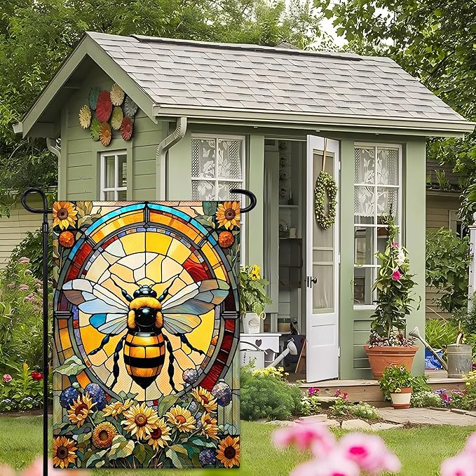 Summer Bee Garden Flags for Outside 12×18 Inch Double Sided Spring Flowers Garden Flags with Bee Glass Style for House Indoor Outdoor Lawn Yard Garden Sign Decor
