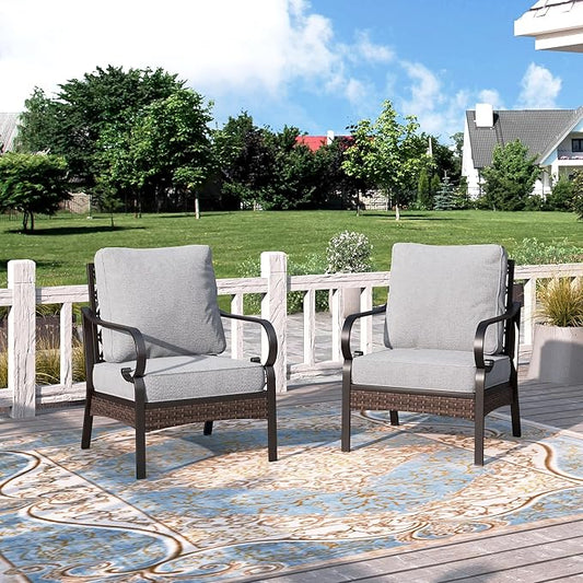 HERA'S HOUSE Patio Chairs Set of 2, High Back Outdoor Dining Chairs with Thick Cushions, All Weather Metal Frame Furniture for Garden, Backyard, Deck, Light Grey