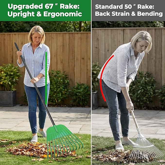 Gardzen 67 Inch Long Handle Rake for Leaves and Lawns, 12 Tines Plastic Head Leaf Rake for Artificial Grass, Pine Needles with Yard Waste Bag and Gloves