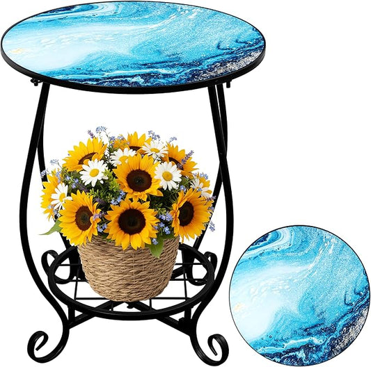 Outdoor Side Table - Double Layer Round Marble Pattern Patio Accent, 14 Inch Coffee Tea Metal Outside End Table for Yard Patio Porch Balcony Garden Indoor Living Room Bedroom Decor