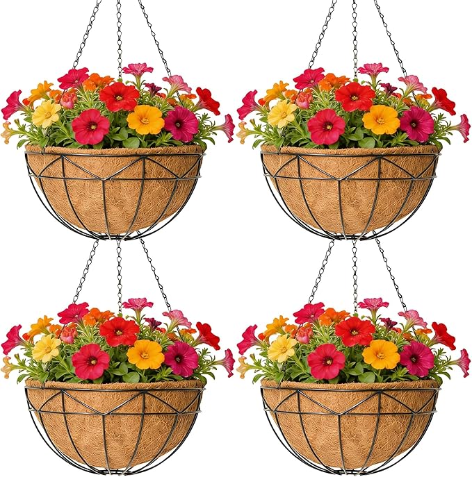 Unique Metal Iron Geometric Hanging Planter Set of 4 Stylish 14 Inch Extra Deep Coco Liner Breathable Heavy Duty Balcony Tree Hanging Basket Drop Weatherproof