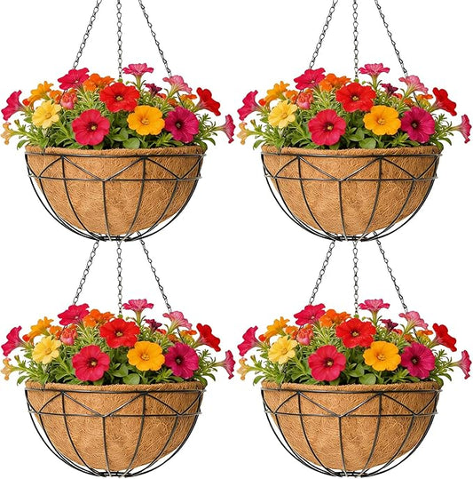 Unique Metal Iron Geometric Hanging Planter Set of 4 Stylish 12 Inch Extra Deep Coco Liner Breathable Heavy Duty Balcony Tree Hanging Basket Drop Weatherproof