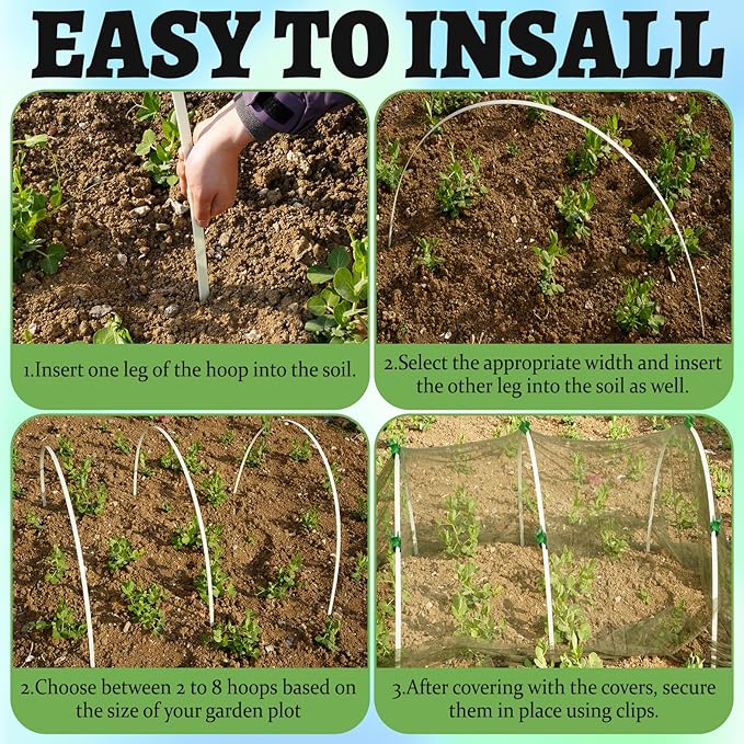 8-Pack Fiberglass Garden Hoops - High Flexibility Never Rust Bending Hoops with 24 Clips & Gloves for Raised Beds, Low Tunnels, Row Covers, Frost Protection & Pest Control (Fits 2-4 ft Wide Beds)
