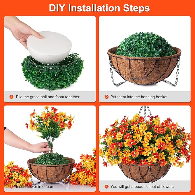 INXUGAO Artificial Flowers with Hanging Planter for Outdoor Decor, Faux Silk Daisy UV Resistant Plants in Basket for Indoor Porch Garden Yard Spring Summer Decor(Orange)